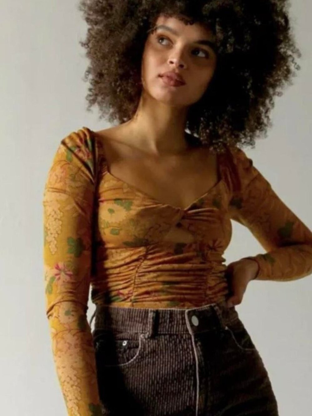 Urban Outfitters Juliana Crepe Mustard Floral Cut Out Ruched Long Sleeve Top M